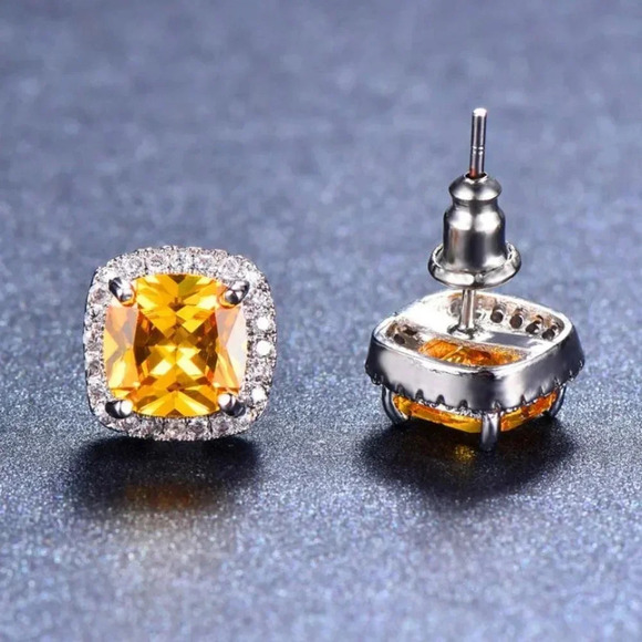 NEW 18k White Gold Citrine Diamond Halo Earrings - Picture 4 of 6